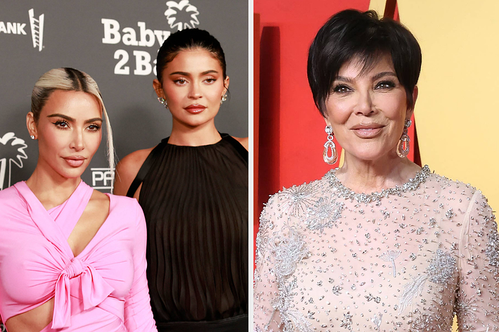 Kim Kardashian in a pink outfit with a bow and Lara Worthington in a black dress at an event; Kris Jenner in a shimmering gown