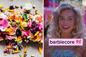 Left: A plate of gourmet food decorated with flowers. Right: A woman with a surprised expression, titled 'barbiecore'