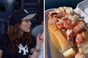 Side-by-side images: Left shows a woman in a baseball cap watching a game, right displays a lobster roll in a bun