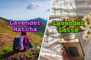 Split image; left shows a person sitting in a lavender field looking at mountains, right displays a book and flowers beside a cup