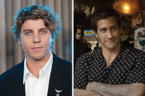Split image of actor with wavy hair in a suit and actor in patterned shirt inside a cozy room