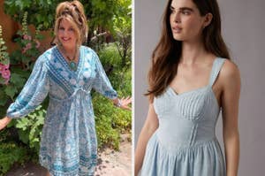 Woman in a blue patterned tunic dress on the left, model in a light blue sundress on the right