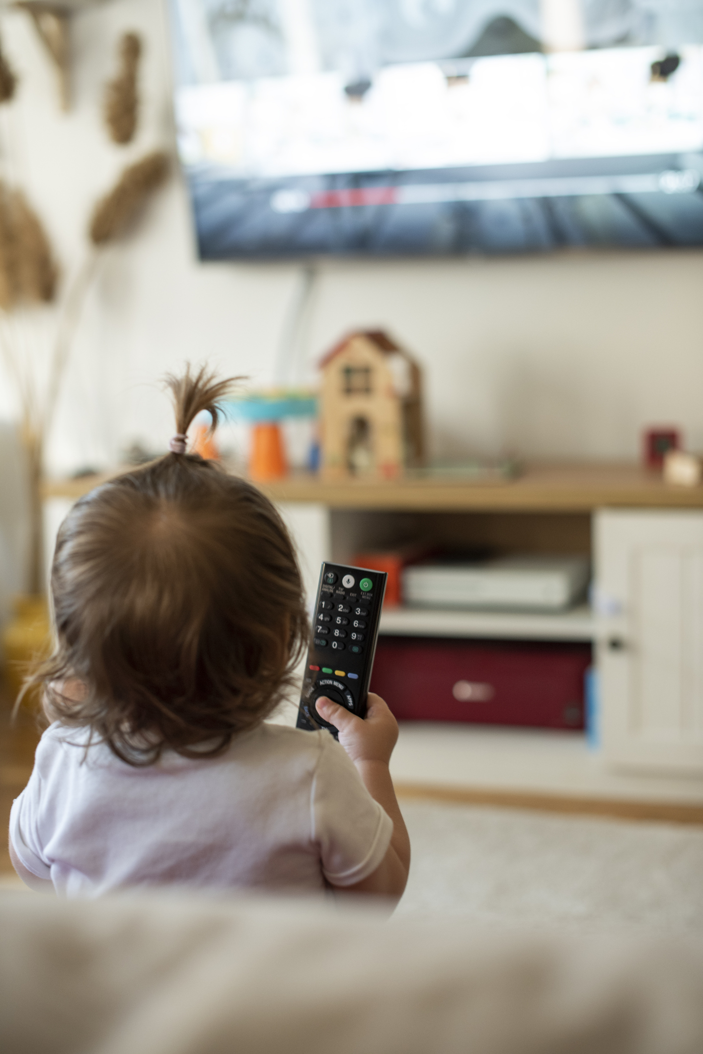 Toddler holding a remote control while facing a television screen
