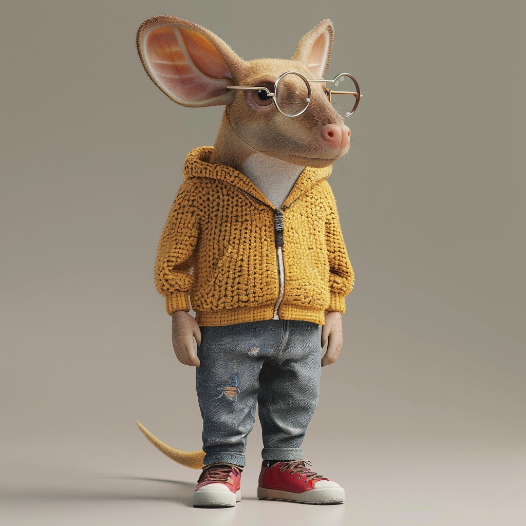 Stylized anthropomorphic mouse character in glasses, yellow sweater, denim, and sneakers