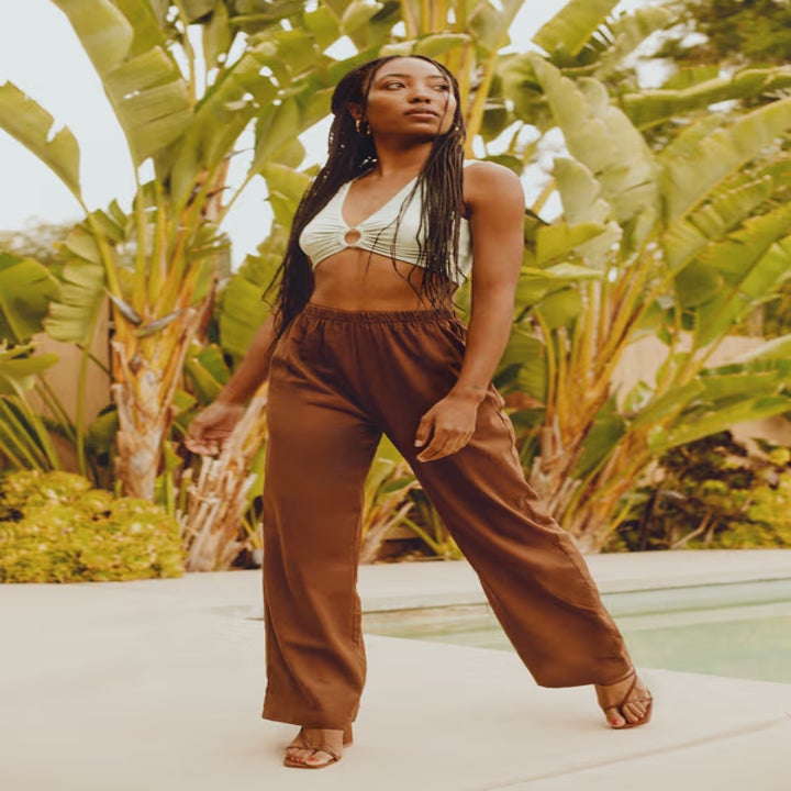 model wears bra as top with pants