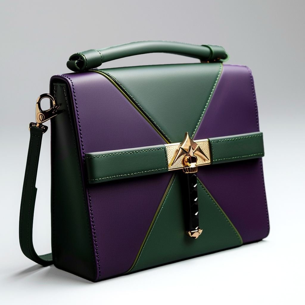 Designer handbag with star-shaped clasp and contrasting green and purple panels