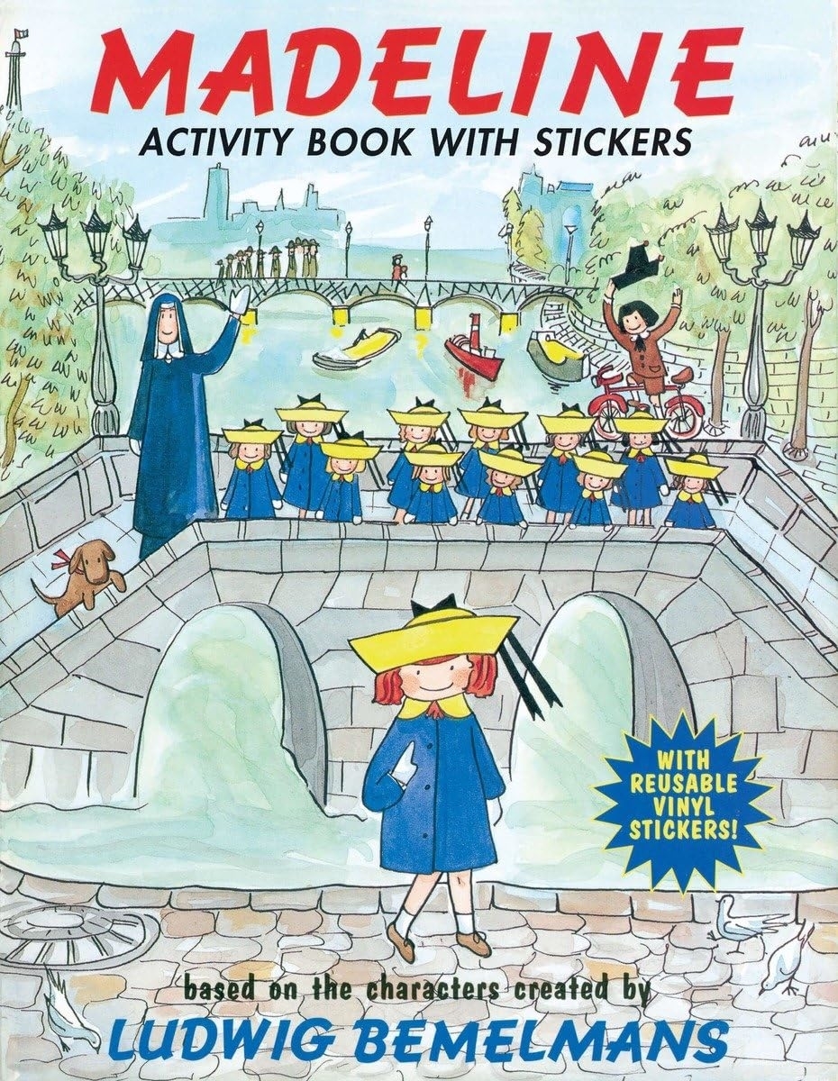 Cover of &quot;Madeline Activity Book with Stickers&quot; showing characters crossing a bridge; created by Ludwig Bemelmans