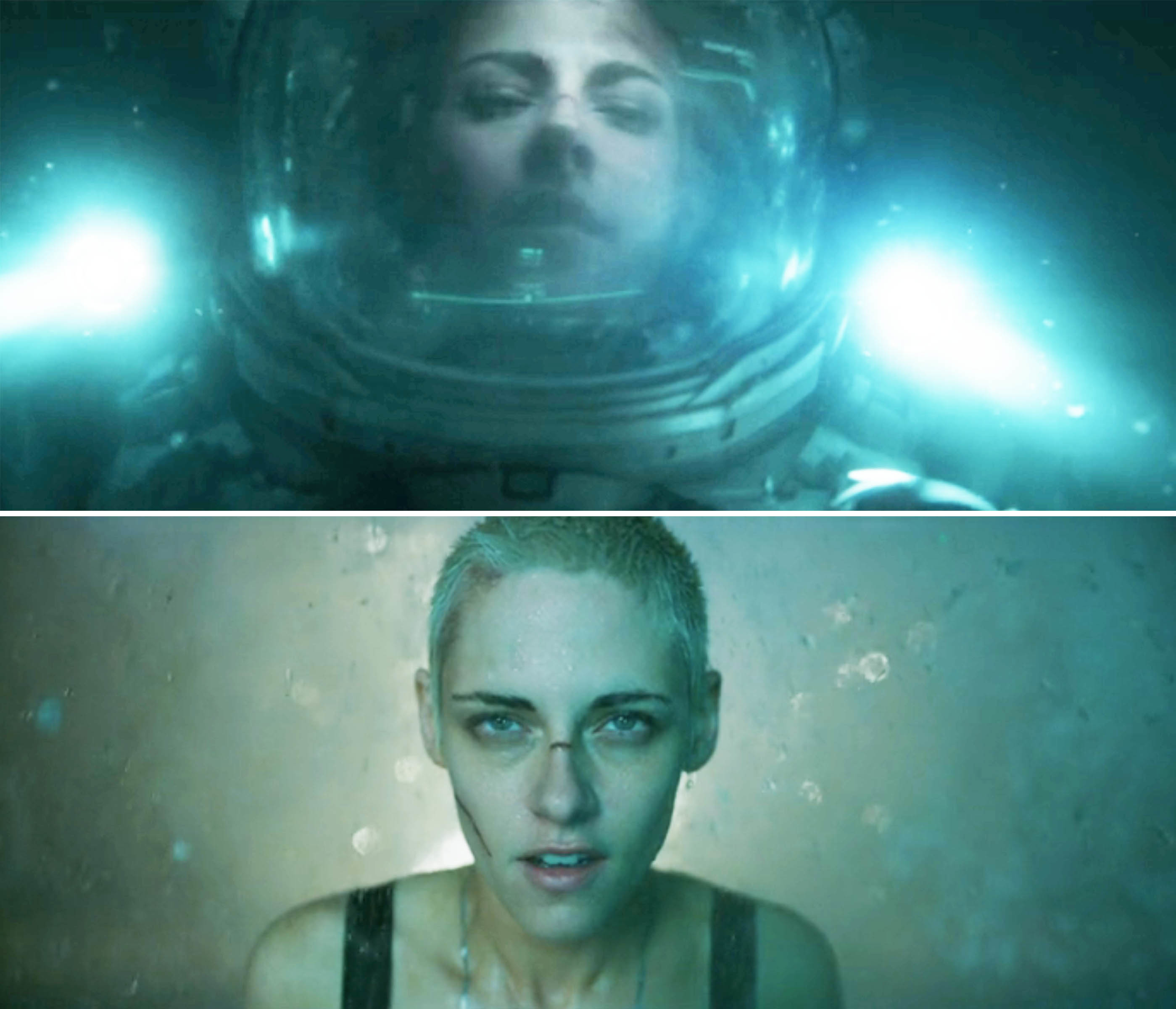 Kristen Stewart in a diving suit and helmet, top, and intense expression underwater, bottom, in a film scene