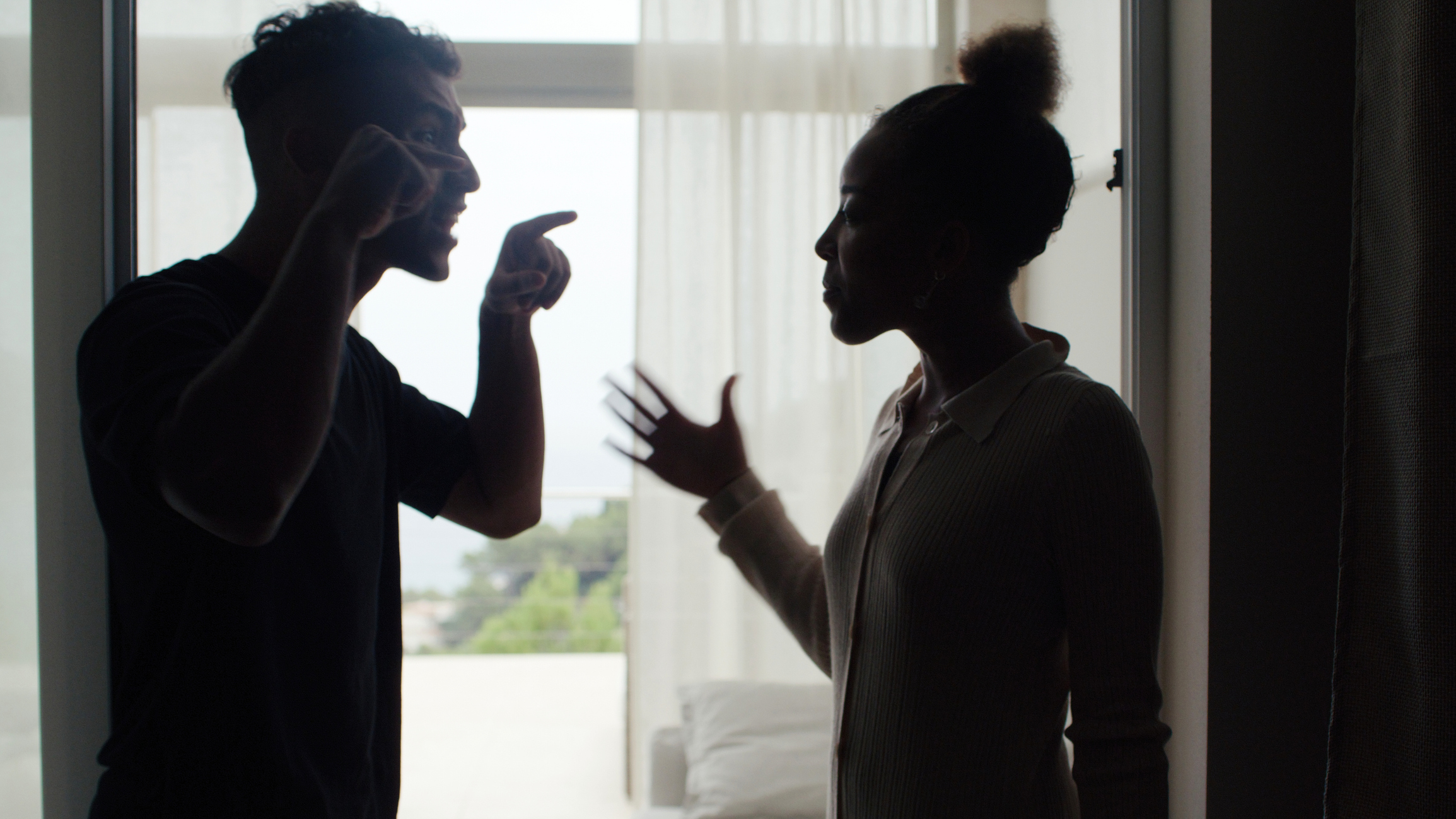 Two people engaged in a conversation with expressive hand gestures, silhouetted against a bright window