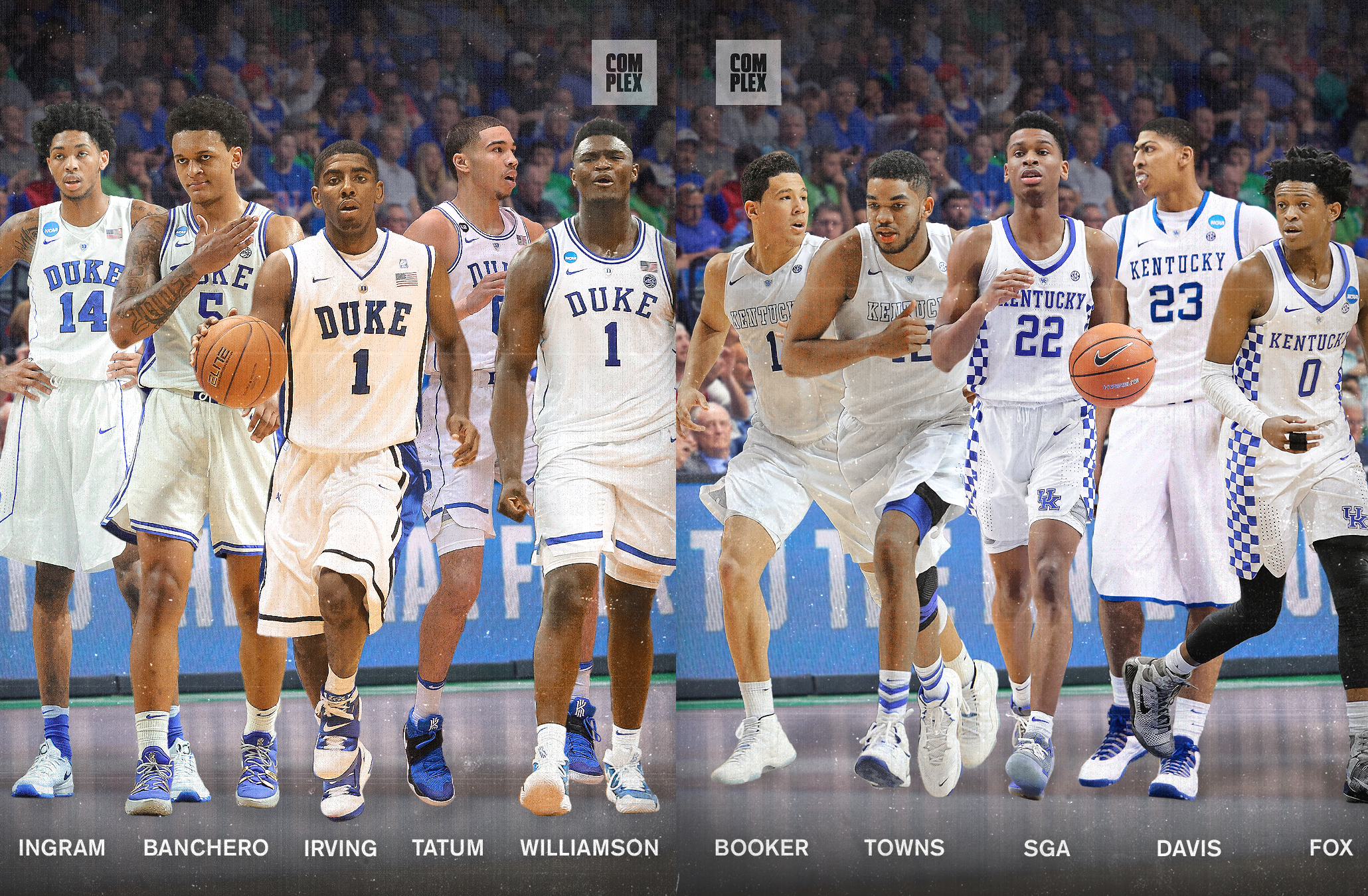 Duke and Kentucky basketball players side by side in uniform, no identifiable persons, on a stylized court background