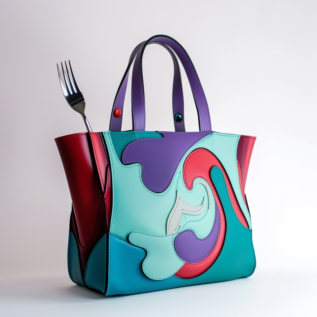 Whimsical handbag with abstract design, adorned with a fork