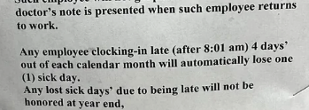 Notice about sick day policy changes due to system abuse, detailing the non-payment for certain sick days and loss of any unused days at year&#x27;s end. Signed by management