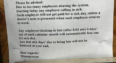 Notice about sick day policy changes due to system abuse, detailing the non-payment for certain sick days and loss of any unused days at year&#x27;s end. Signed by management