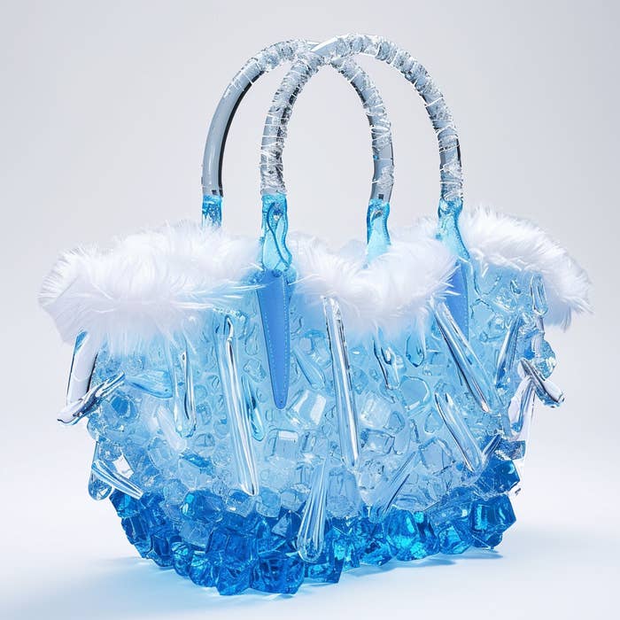An imaginative ice-themed handbag with clear blue decorations and white fur trim