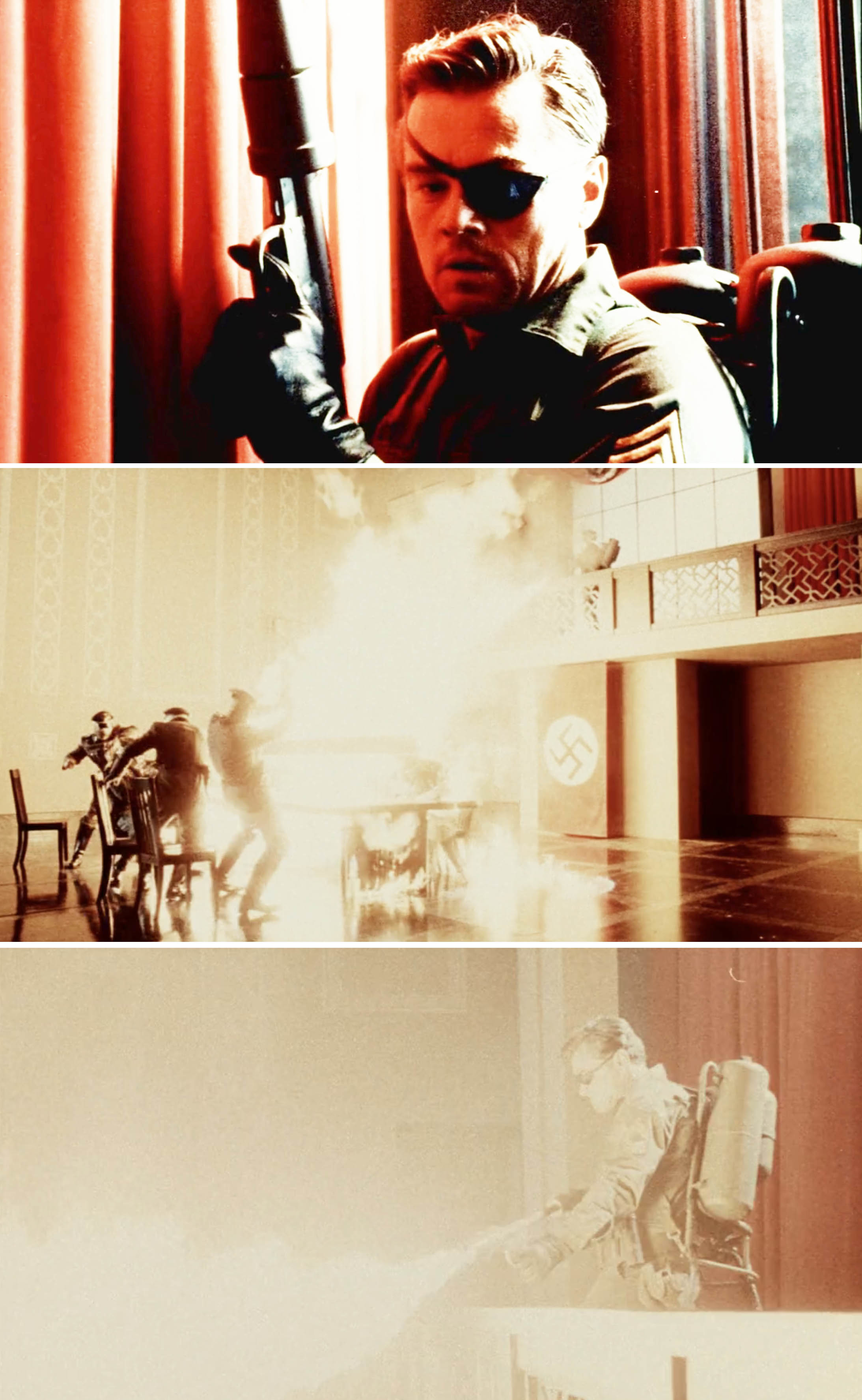 Leonardo DiCaprio as Rick using a flamethrower in a scene involving Nazis