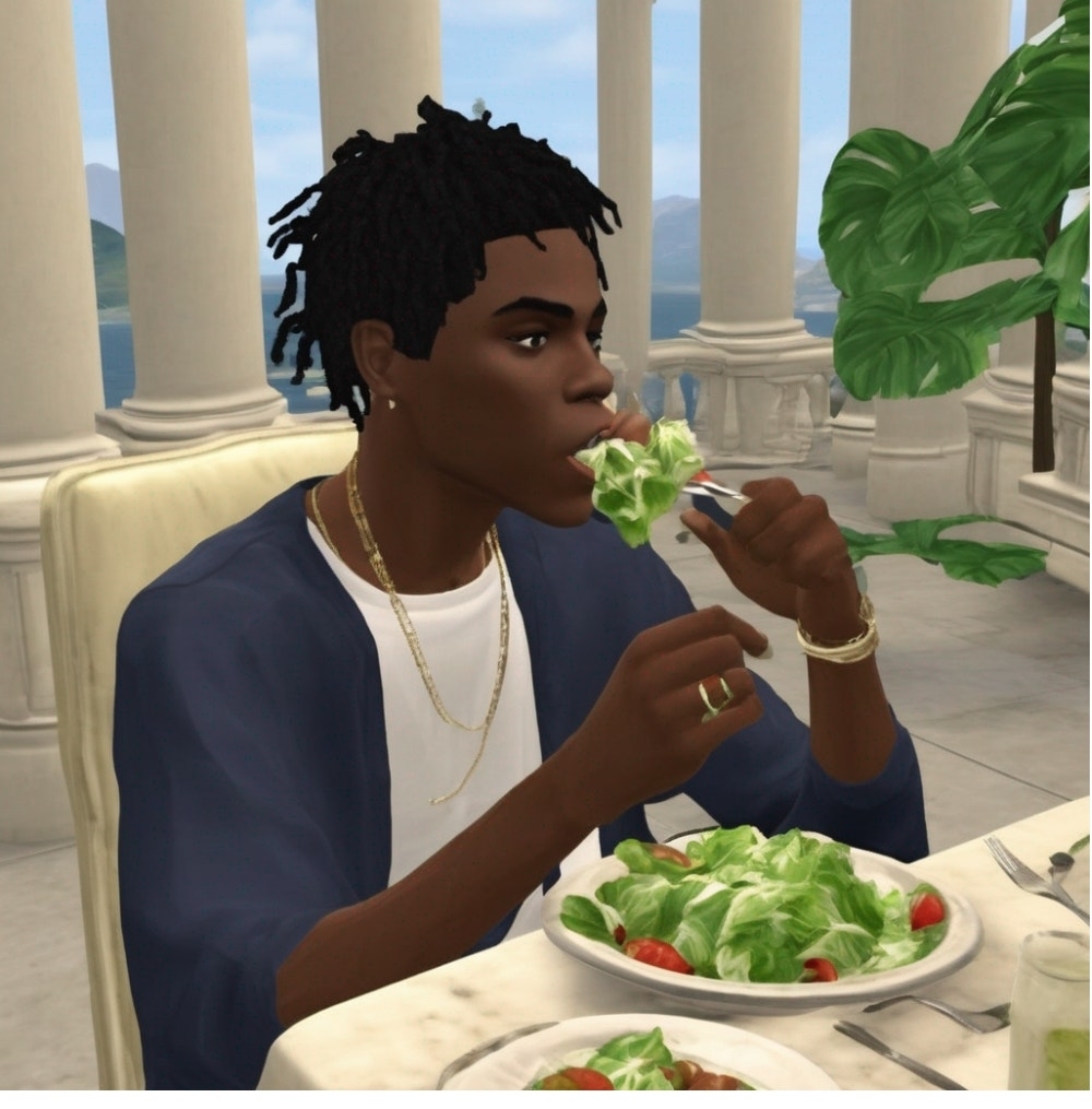 Illustration of a digital avatar eating salad in a virtual setting with classical architecture and plants