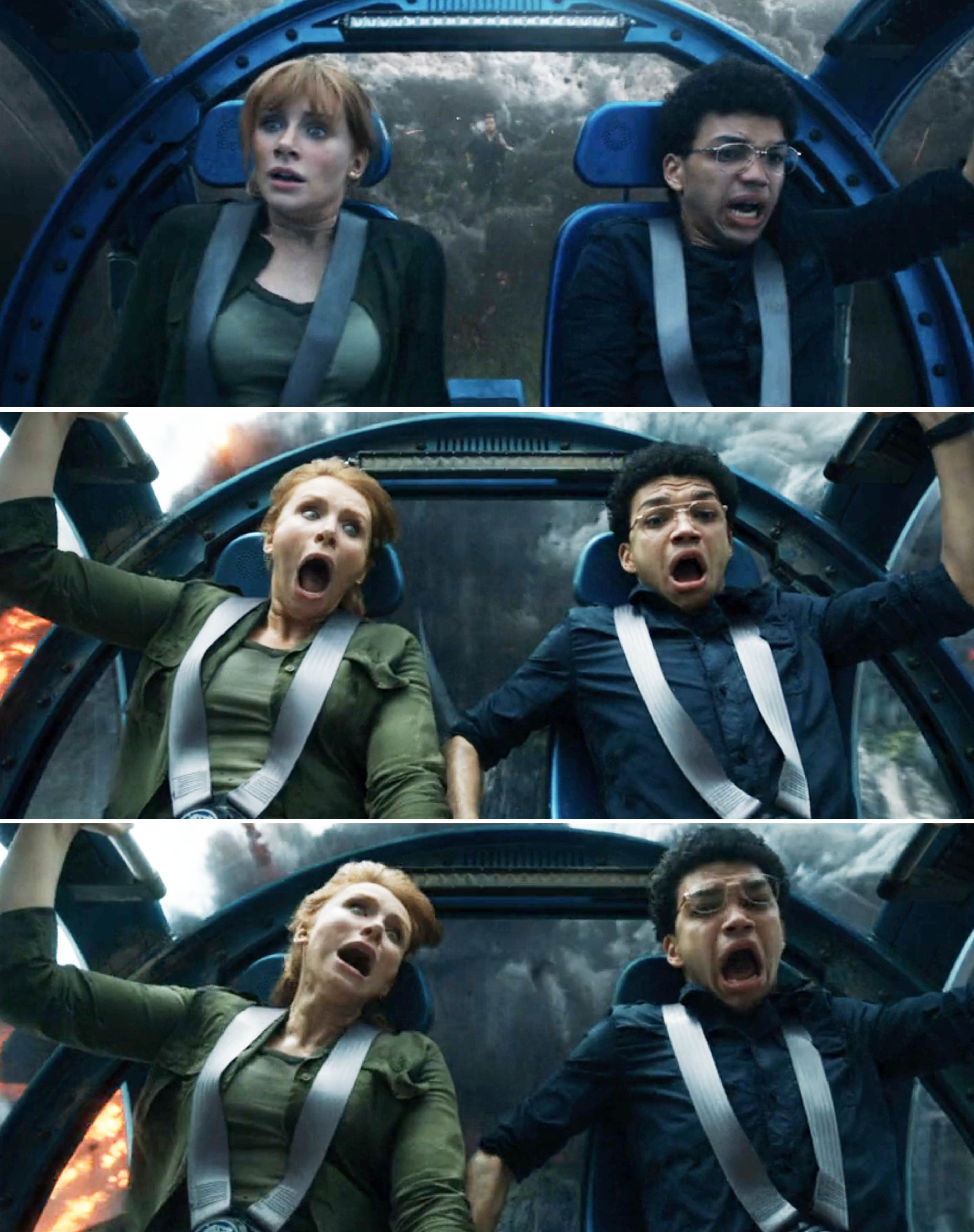 Claire and Franklin screaming while falling inside the gyrosphere in Jurassic World: Fallen Kingdom