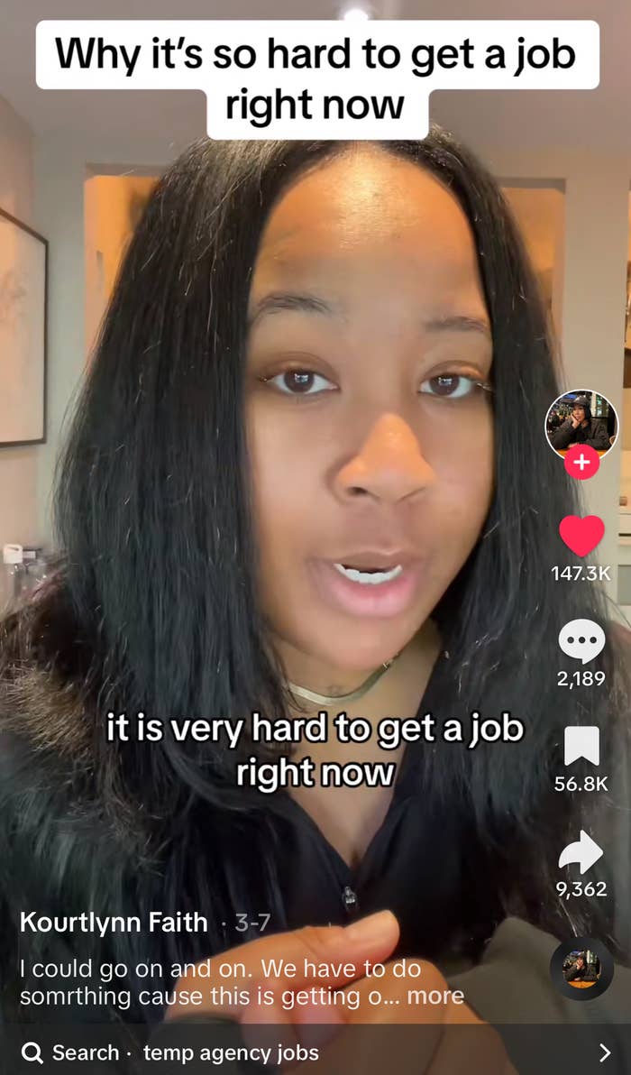A woman discussing job search difficulties in a social media video