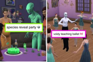 Images from a video game, left shows an alien at a party, right shows a character conducting a ballet class