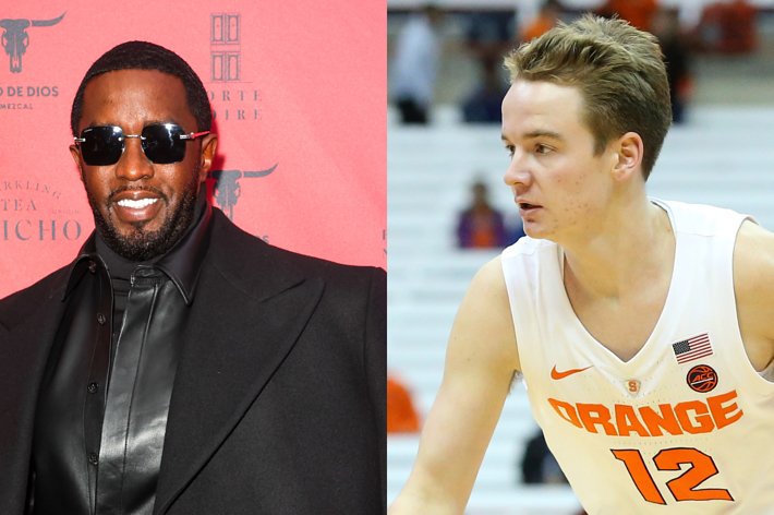 Two separate images: Left shows a man in a black jacket and turtleneck, right shows a basketball player in an orange jersey with the number 12