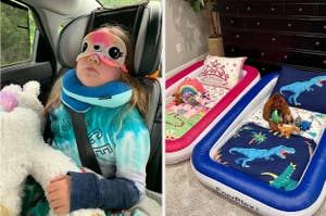 Child with travel pillow in car seat and another in a bedroom with inflatable beds and stuffed toys