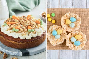 Carrot cake with cream frosting and rice krispies decorated with pastel candy eggs on a burlap surface