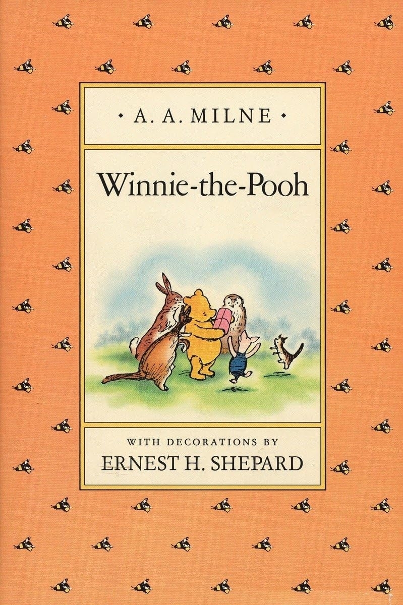 Book cover of &quot;Winnie-the-Pooh&quot; by A.A. Milne, illustrated by Ernest H. Shepard, featuring Pooh and friends