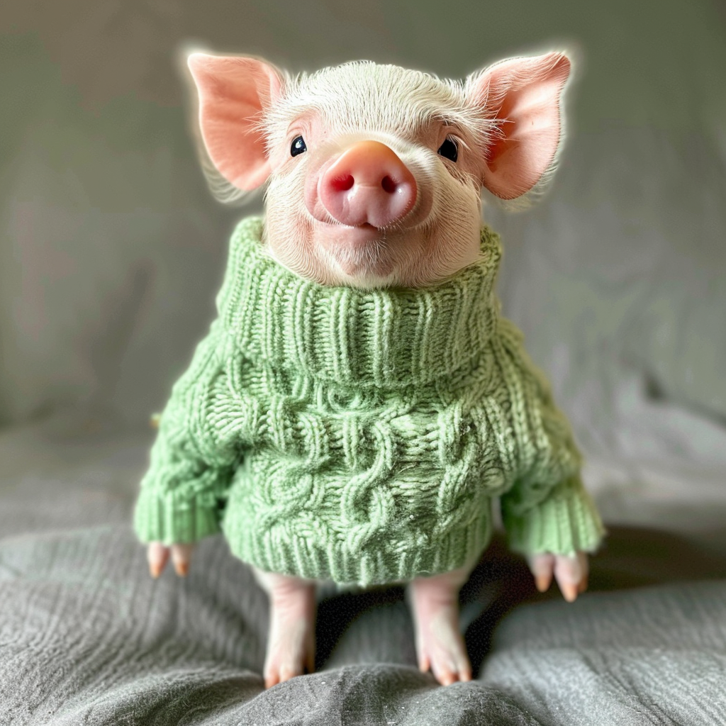 Piglet in a green cable knit sweater looking at the camera