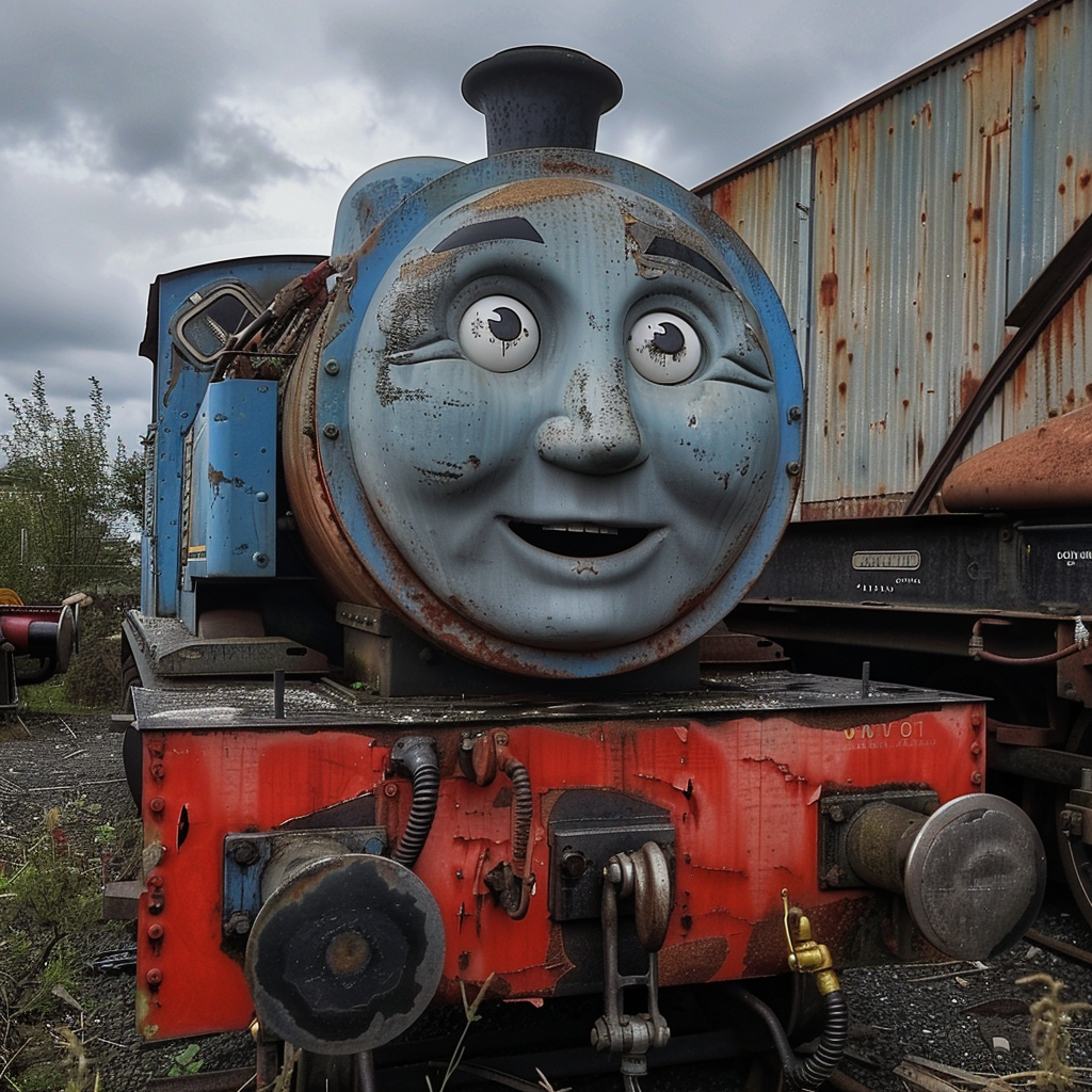 Weathered Thomas the Tank Engine toy with expressive face, surrounded by rustic trainyard equipment