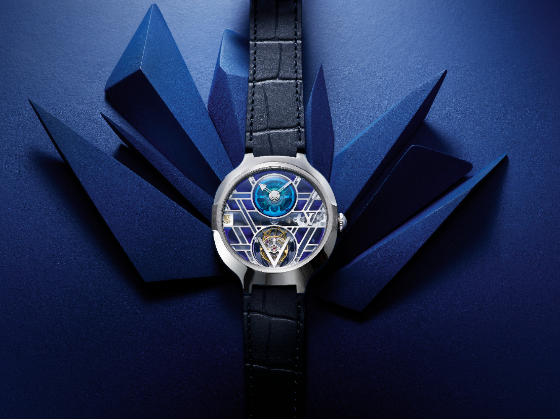 A luxury watch with intricate mechanics on a geometric dark background