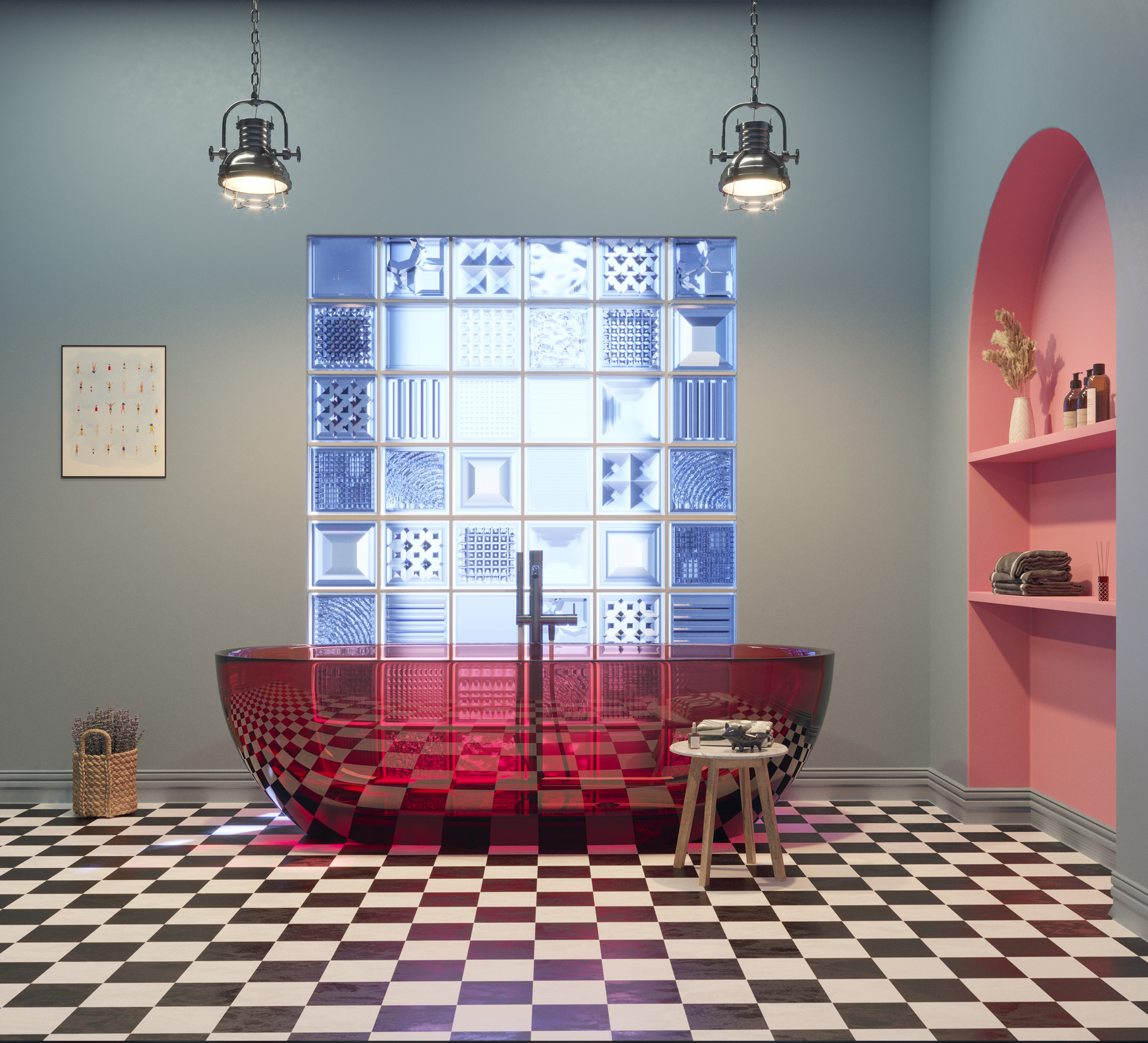 Room with checkered floor and glass brick shower, with pink accents and modern decor