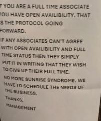 Sign at a workplace discussing full-time associate availability and scheduling policy