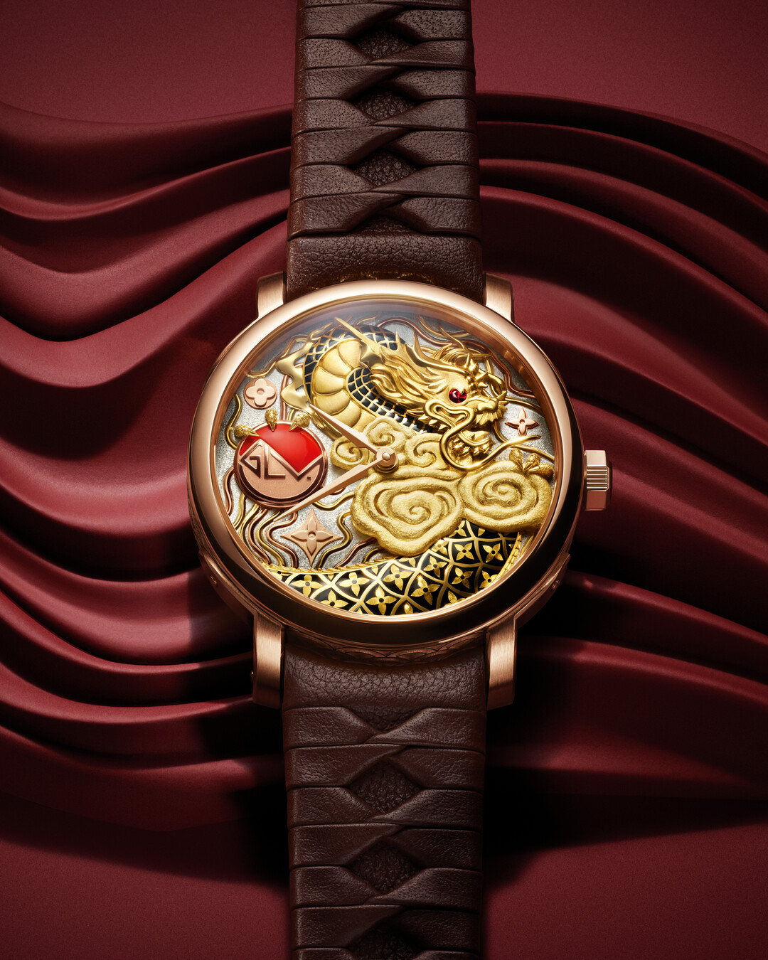 A detailed wristwatch with an artistic face featuring intricate designs, set against a wavy backdrop