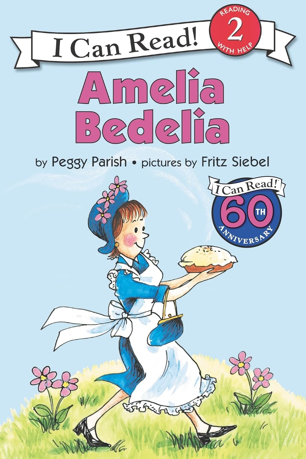 Book cover of &quot;Amelia Bedelia&quot; showing the character holding a pie, with text for author and illustrative credits