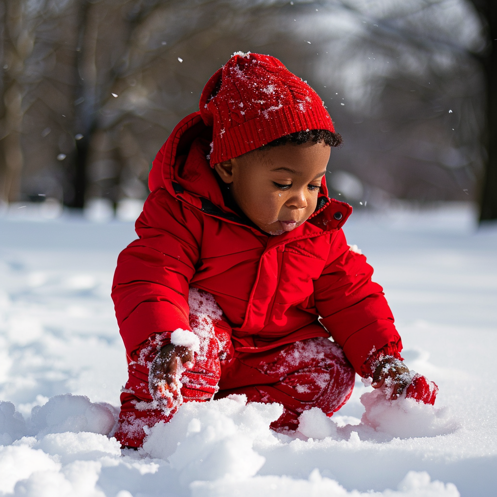 A toddler plays in the snow, wearing a red winter outfit
