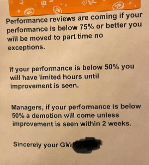 Notice on door about performance reviews, stating potential demotion if performance is below certain thresholds, signed by GM