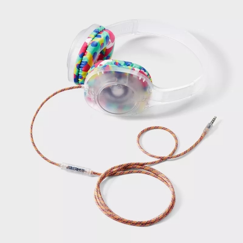 Colorful braided earphones with transparent casing on a white background
