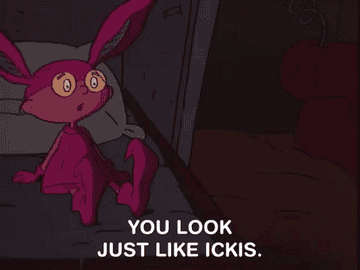 Cartoon character Oblina from &#x27;Aaahh!!! Real Monsters,&#x27; looking surprised with text: &quot;You look just like Ickis.&quot;