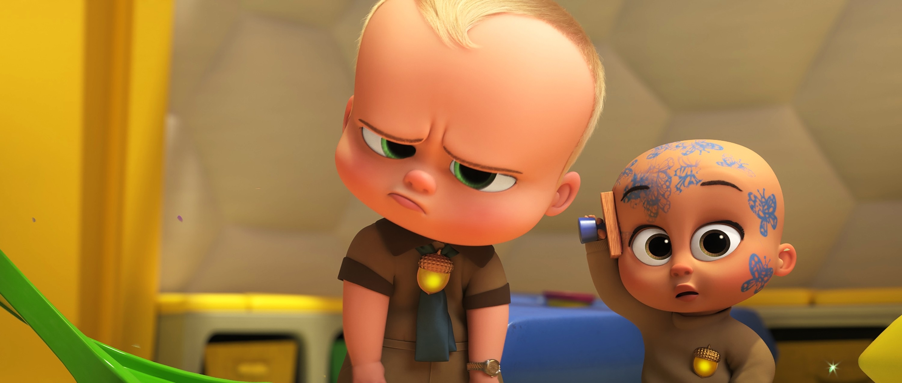 Animated characters Boss Baby and his brother in a scene, showing expressions of concern and confusion