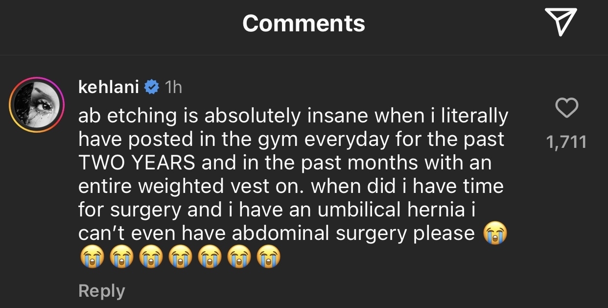 Kehlani responds in a comment denying surgery rumors, highlights gym commitment
