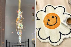 a reviewer's suncatcher hanging / a flower with smiley face rug