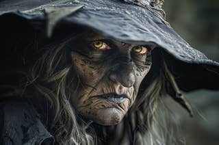 Person with striking facial makeup resembling a witch, wearing a textured hat, gazing intently