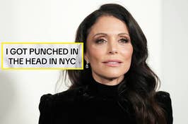 Woman in a black velvet dress, overlay text reads: "I GOT PUNCHED IN THE HEAD IN NYC"