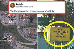 Sign highlighting "Brown Sugar Bacon Sandwiches," juxtaposed with tweet about American restaurant chains