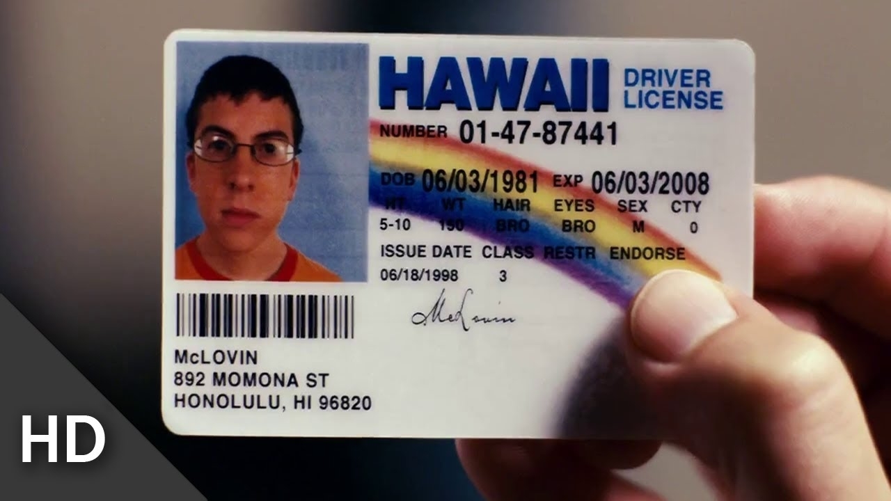 Hawaii driver&#x27;s license held up with photo and details of character McLovin from a film