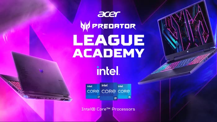Promotional image for Acer Predator League Academy featuring gaming laptops with Intel Core i7, i9, and i5 processors