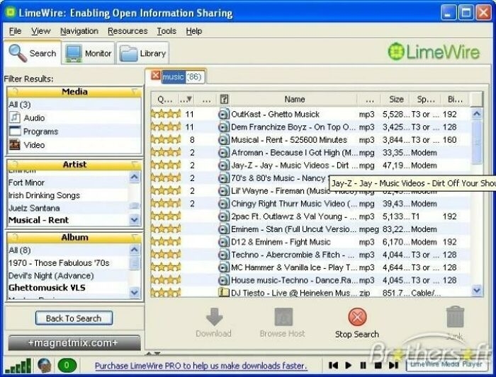 Screenshot of LimeWire software showing a list of music files available for download