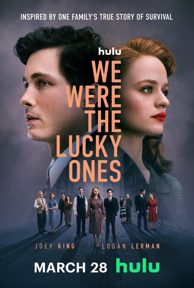 Movie poster for &quot;We Were the Lucky Ones&quot; featuring Joey King and Logan Lerman, release date March 28 on Hulu