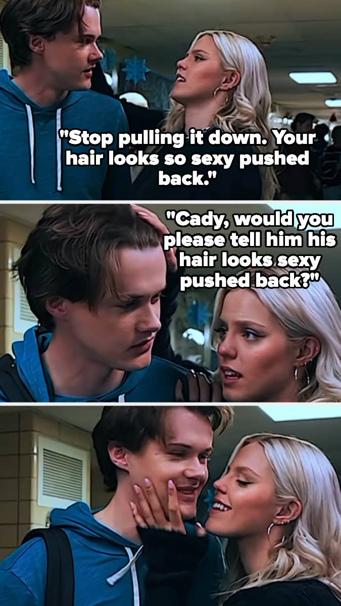 Betty Cooper and Jughead Jones from Riverdale in a school hallway, Betty touching Jughead's hair, with flirty text overlays