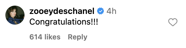 Zooey Deschanel&#x27;s verified account comments &quot;Congratulations!!!&quot; on a post, with 614 likes